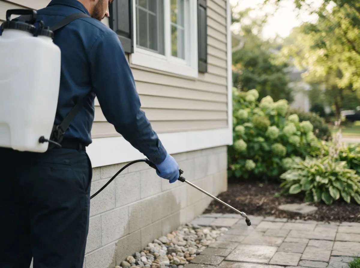 Pest control technician inspecting a home in Seaton, IL